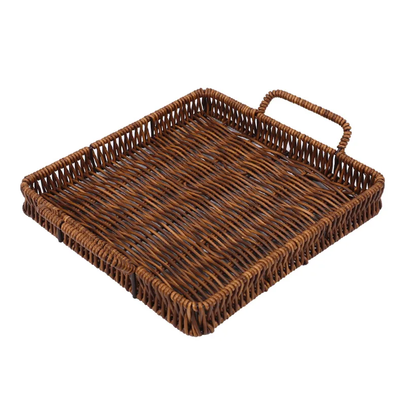 
Square Double Ear Handle Rattan Basket Fruit Household Living Room Snack Storage Basket 