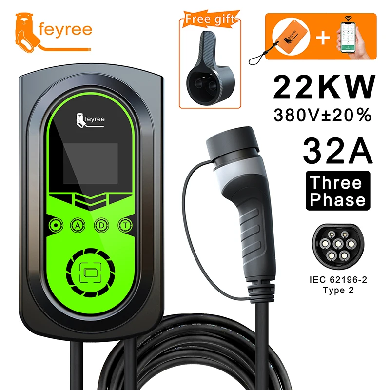 feyree  EVSE electric car charging station 32A 22kw ev charger Wallbox Type2 3 Phase  for Electric Vehicle Wifi APP Control RFID
