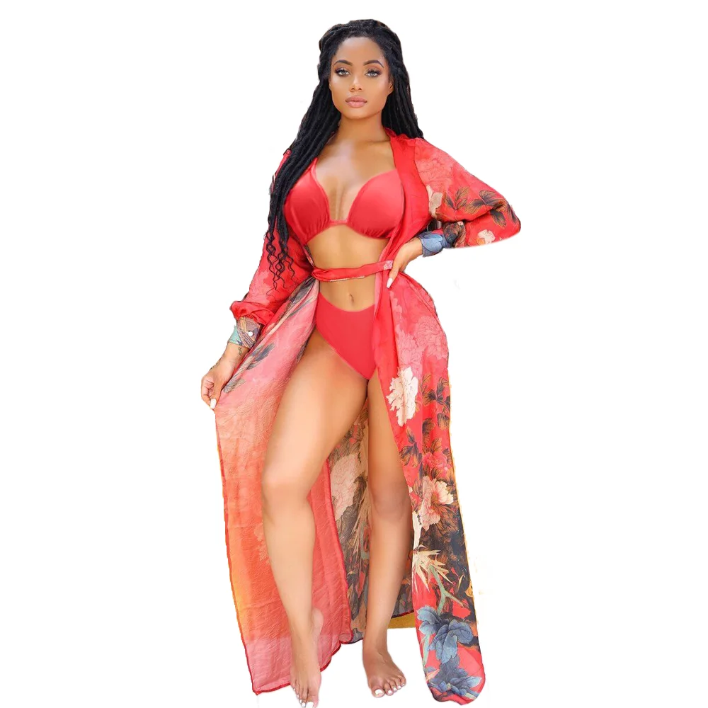
Sexy Print Long Robe and Solid Bikini Sets 3 Piece Swimsuits 2021 for Women 