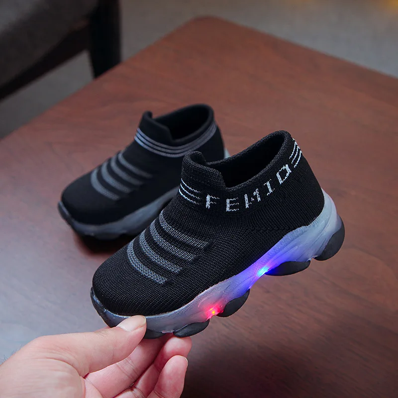 Kids Sneakers Children Baby Girls Boys Letter Mesh Socks Sport Run Sneakers shoe Waterproof Fiber Optic Glowing baby Shoes
