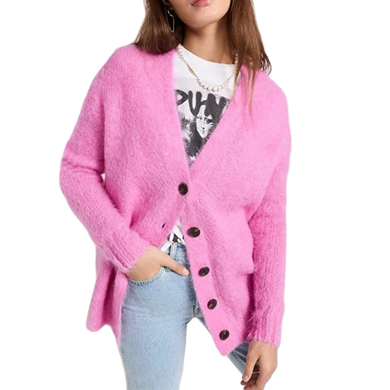 V-neck long sleeve button mohair cardigan sweater jacket