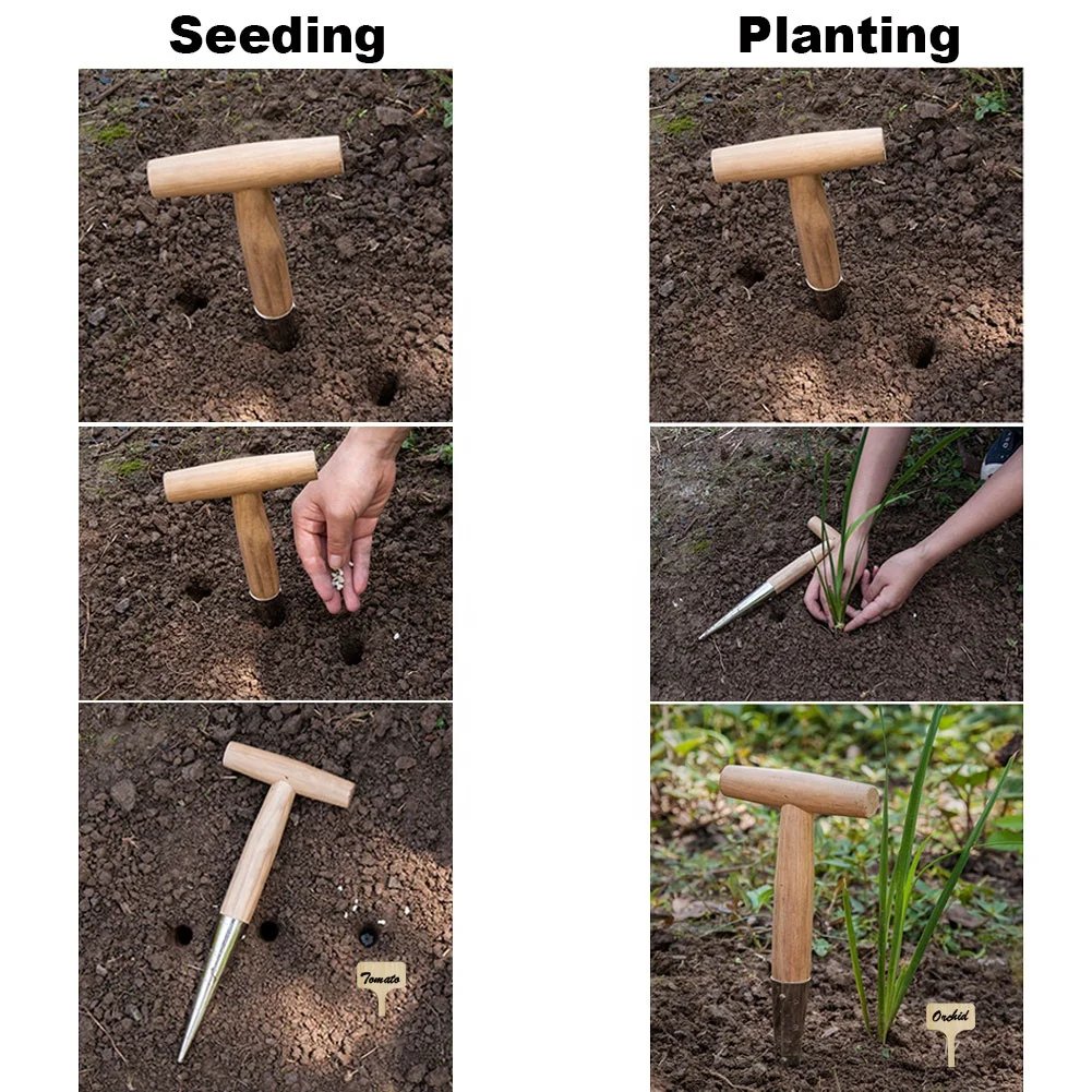 wholesale Garden 12pcs bamboo plant tag label stainless steel wooden dibber planting set seeding tools