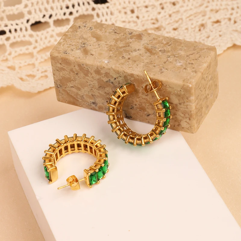 Stud Custom Earring Green Zirconia Gemstone Earring Bezel Iced Out Setting Rhinestone Hoop Earring Jewelry