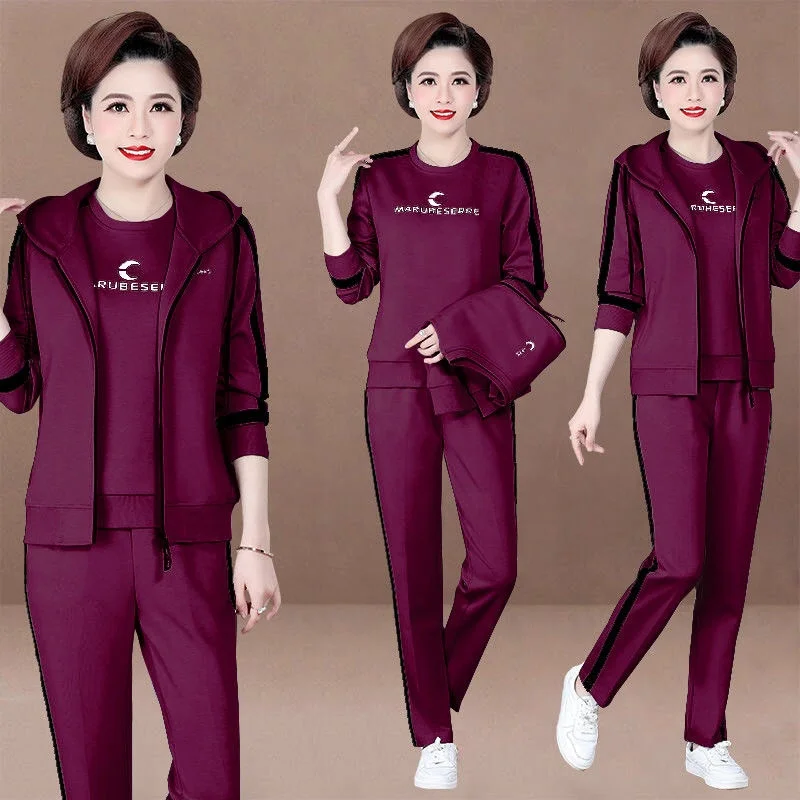 Spring and autumn middle-aged and elderly fashion hooded loose ladies sports vest	 3 piece suit women