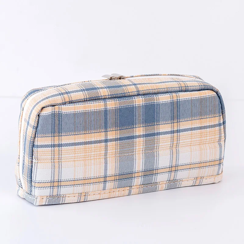 Classic lattice large capacity double zipper canvas student storage box check pattern design zipper fabric canvas pencil case