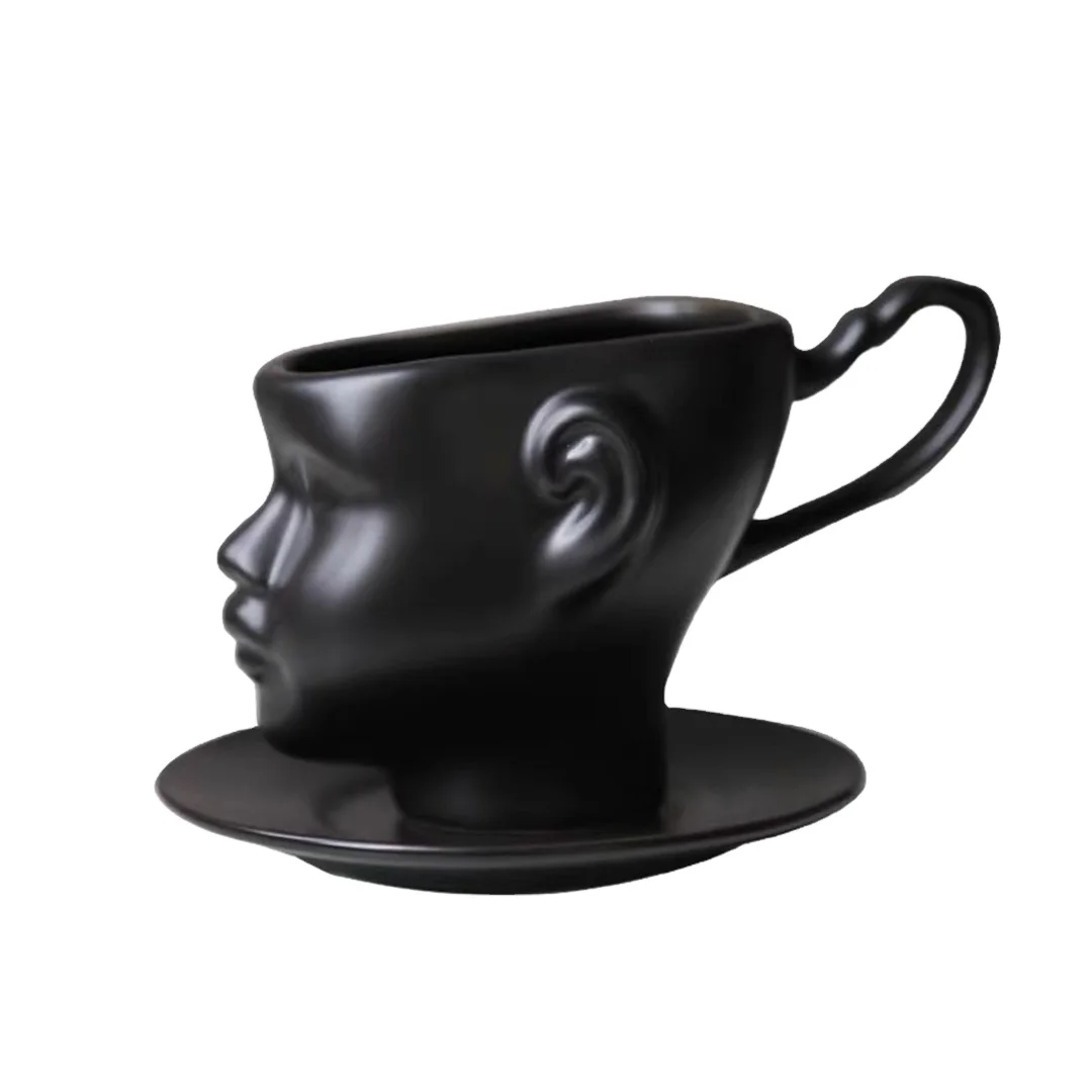 ceramic coffee cup and saucer 200ml Nordic face shape delicate gold handle black couple gift coffee cup saucer