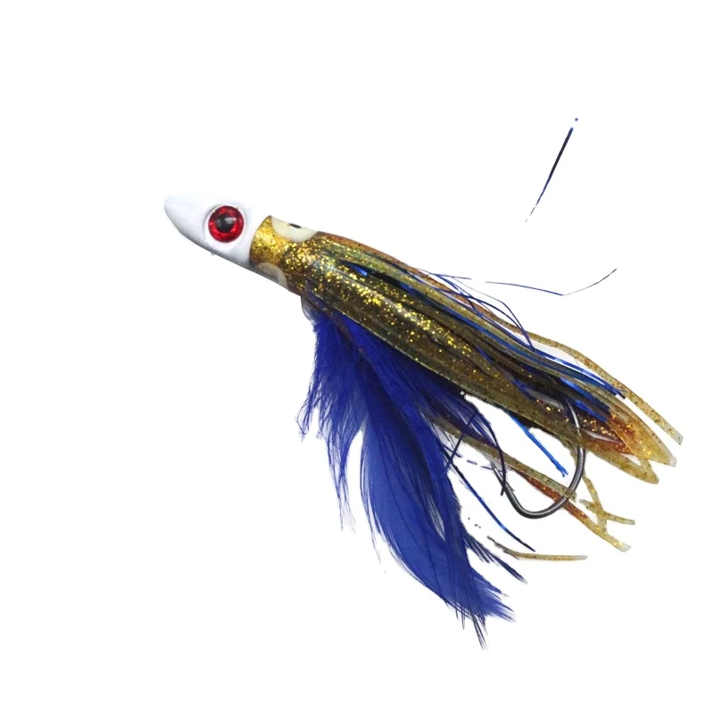 C 10g 18g 26g 34g Fishing Lures High Carbon Steel Black Nickel Wide Belly Crank Hook Octopus Bait With Blue Feather Tail