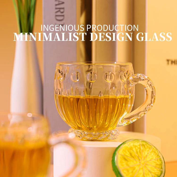 Blinkmax handle transparent custom engraved dimpled glass tea mug simple drink logo round mouth light luxury creative glass cup