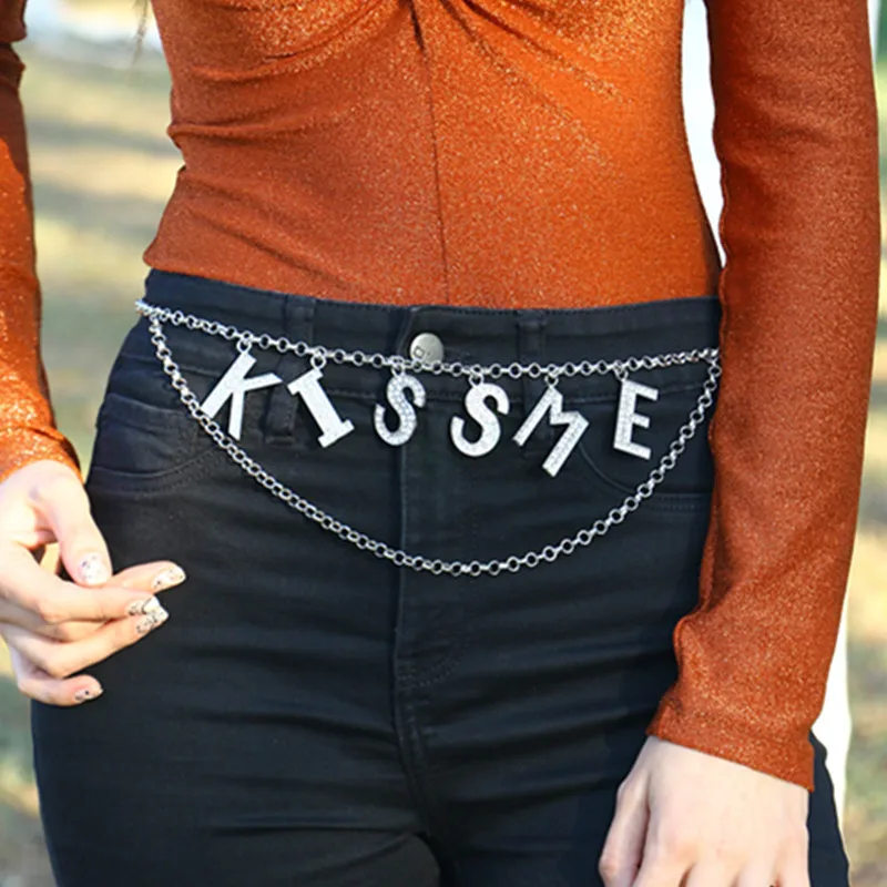 Women Body Chain Jewelry Handmade Sexy Rhinestone Trending Words DIY Letter Waist Chain Belt