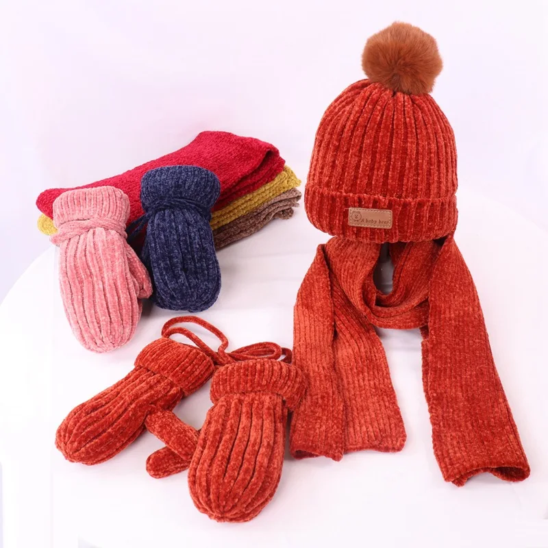 New Design winter pompom beanie hat scarf gloves 3 piece set thickened warm chenille wool hat for baby boys and girls  2-8y