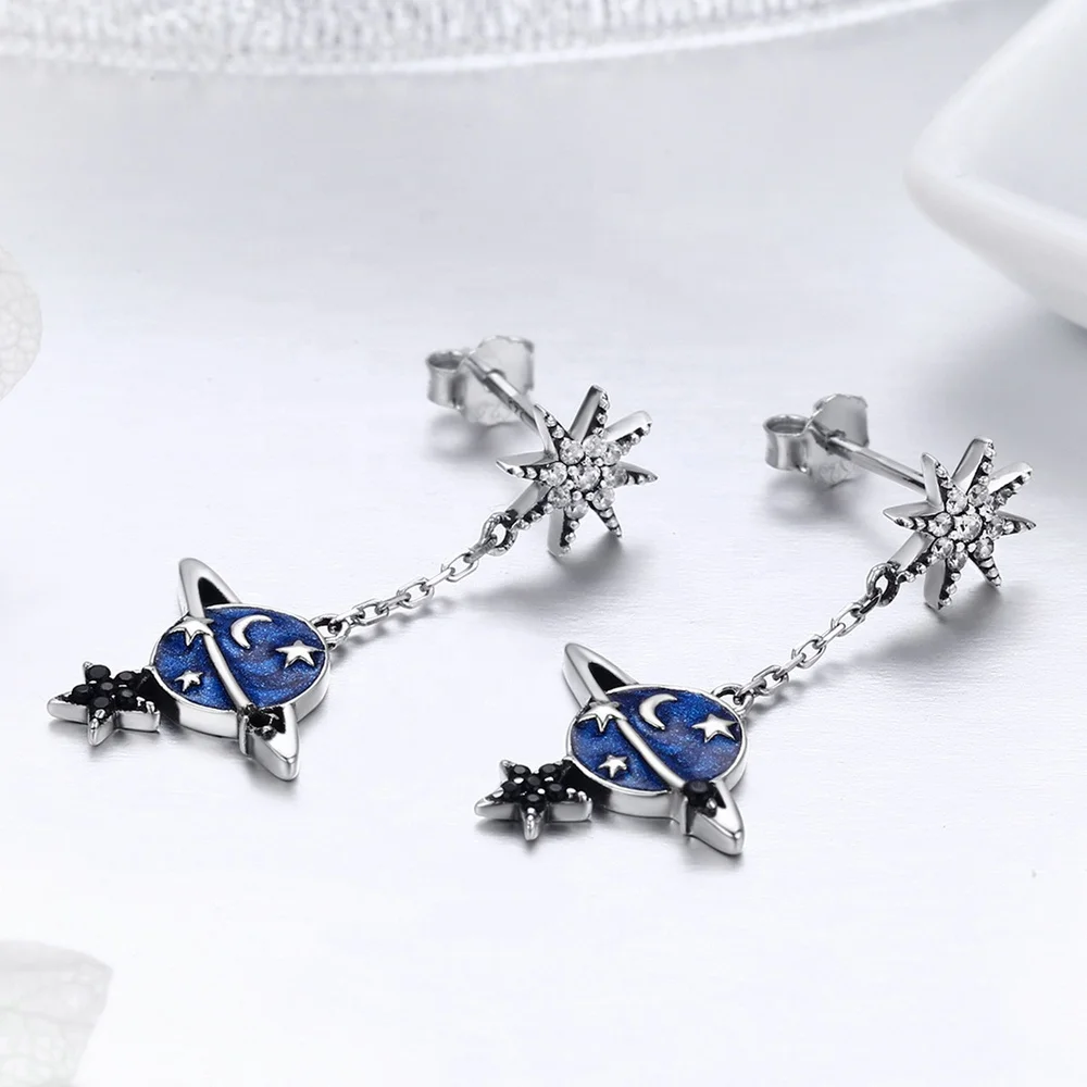 
Creative 925 Sterling Silver Drop Earrings Fashion Planet Earrings with CZ for Girls Jewelry 