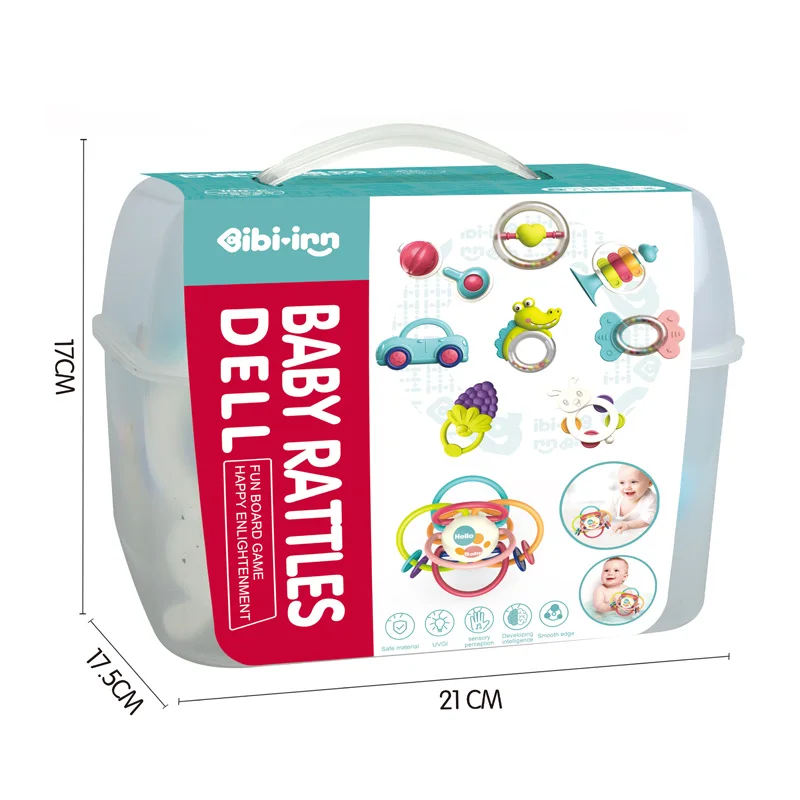 9PCS High Quality Plastic Baby Teething Set Multi Pieces Early Educational Noise Maker Toy Infant Rattles Toys With Portable Box