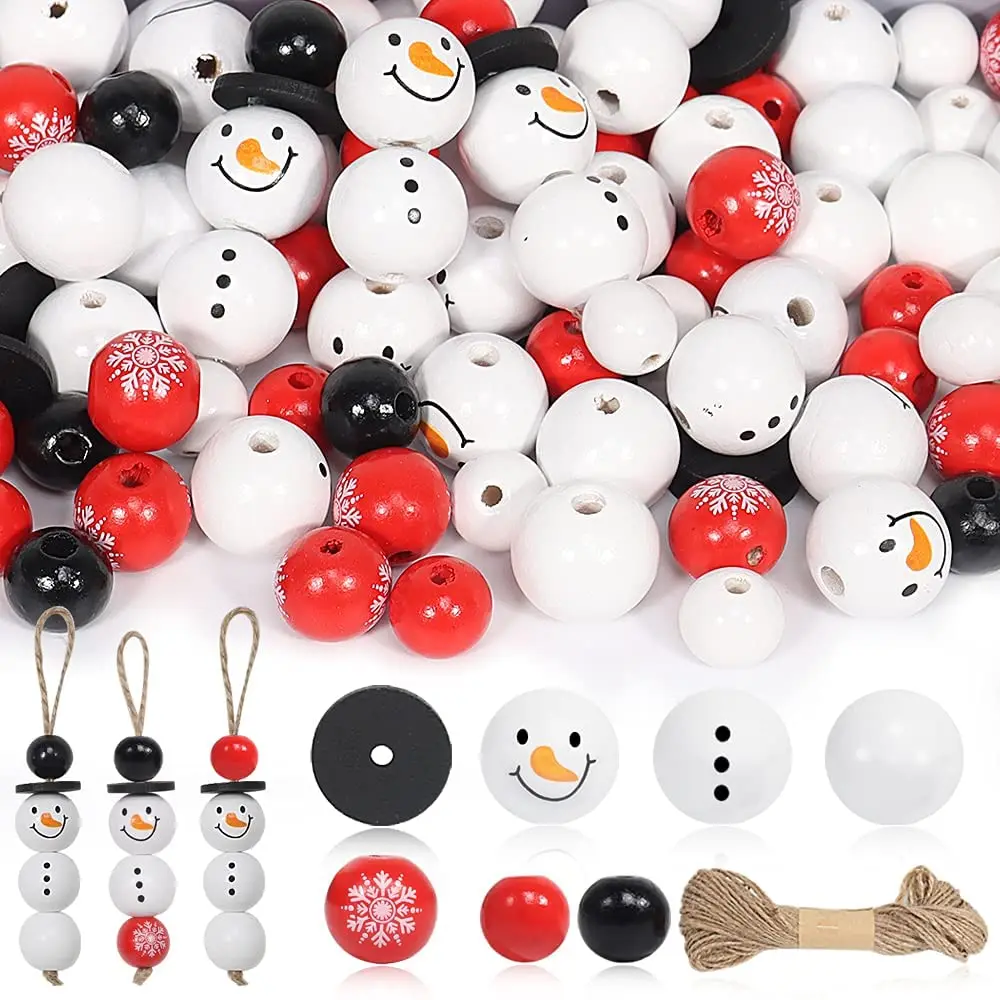 140 шт. рождественские деревянные бусины со снеговиком и пеньковой веревкой