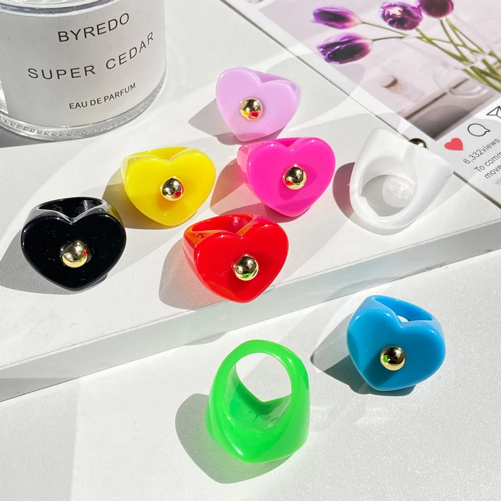 Korean 2021 Plastic Heart Shaped Resin Ring Women Colored Resin Ring Jewelry