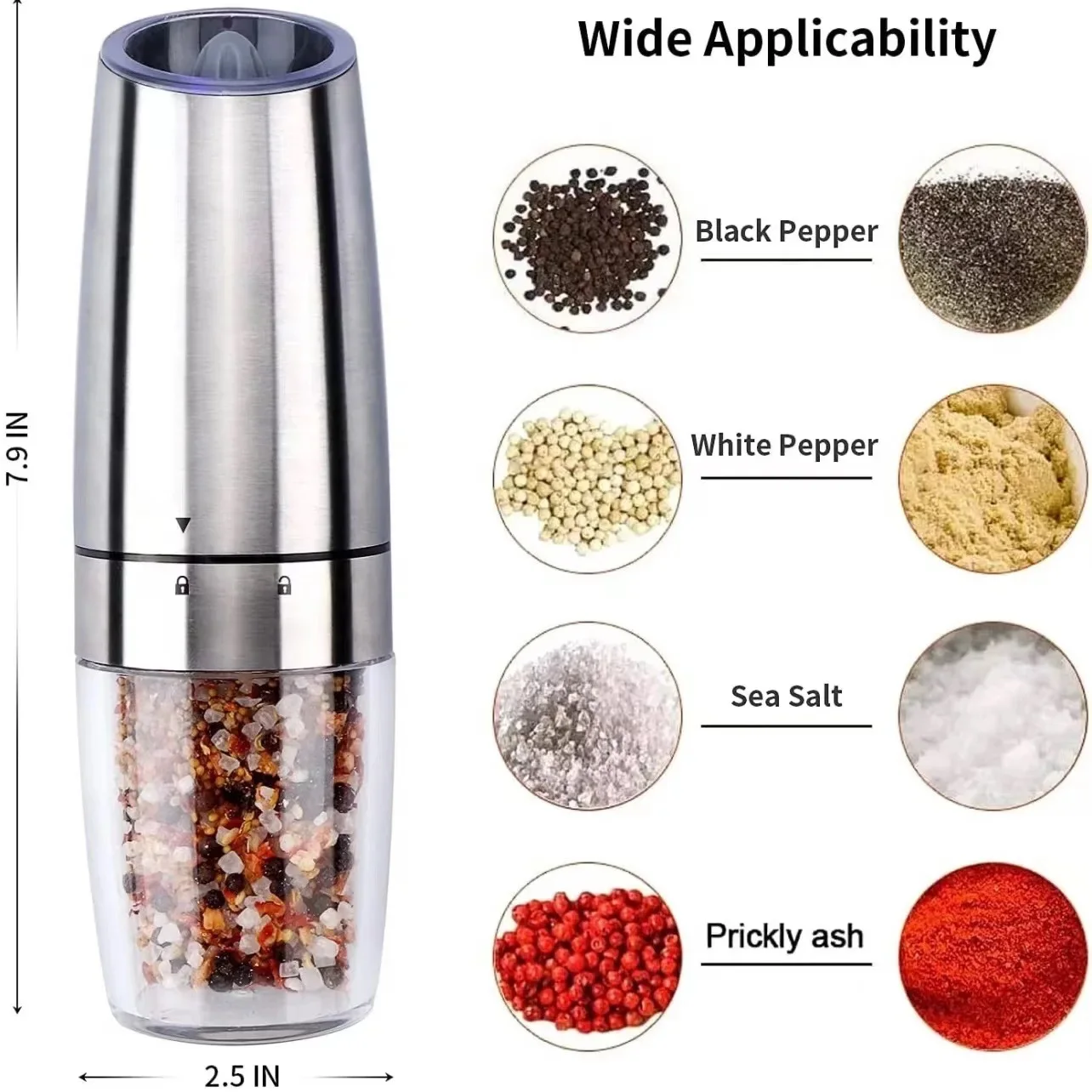 304 Stainless Steel Adjustable Automatic Salt and Pepper Mill with LED Light Gravity Electric Salt and Pepper Grinder Set