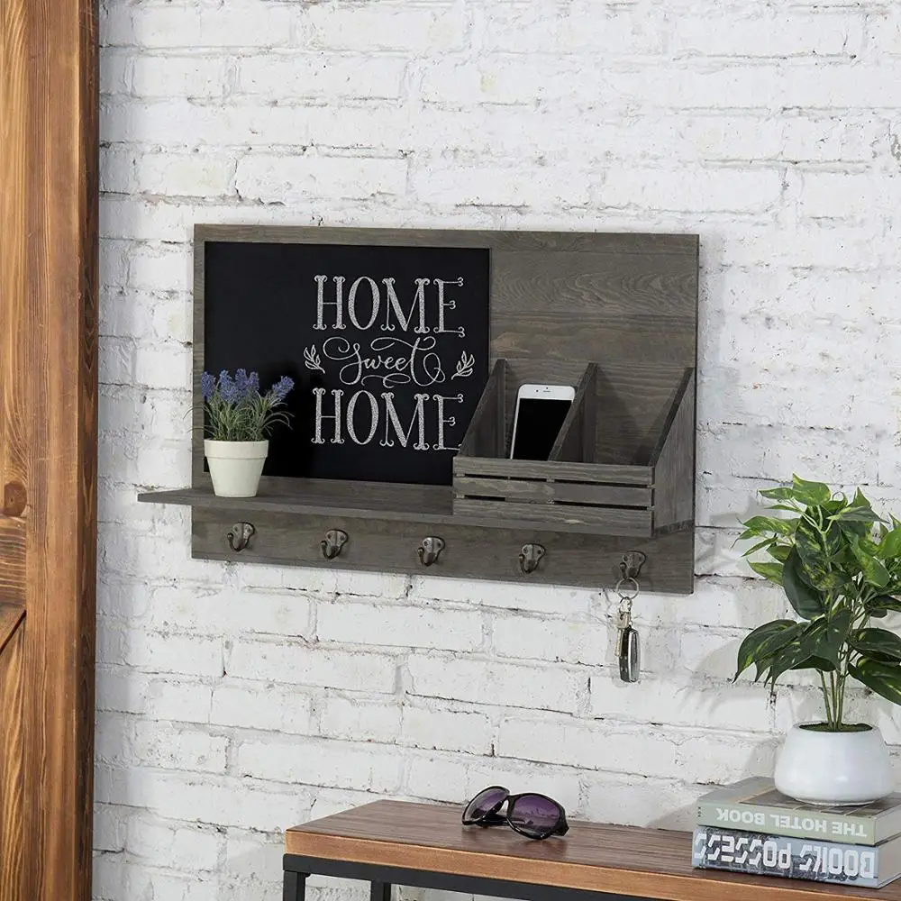 
Rustic Grey Wood Wall-Mounted Mail Sorter Rack with 5 Key Hooks Black Chalkboard 