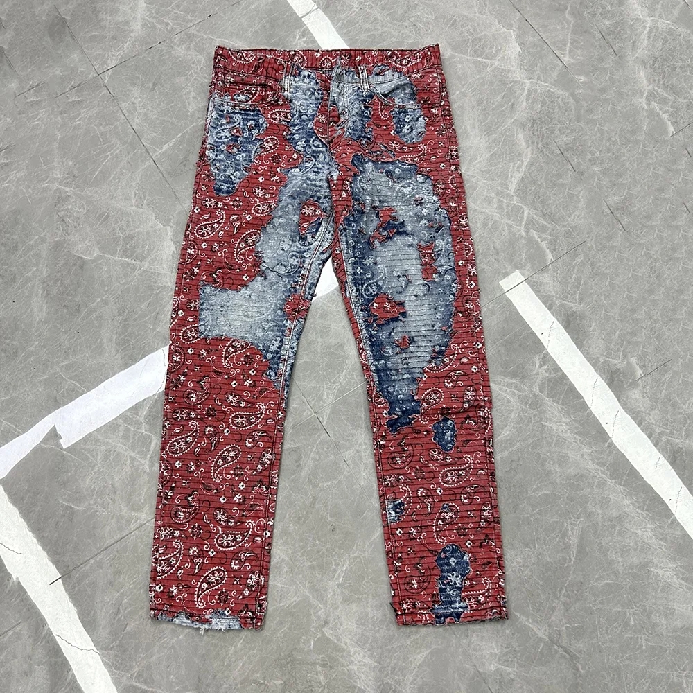 AIPA Denim manufacturer Custom Bandanna Paisley pattern patch Men Jean Pants Stacked Flared fit Jean
