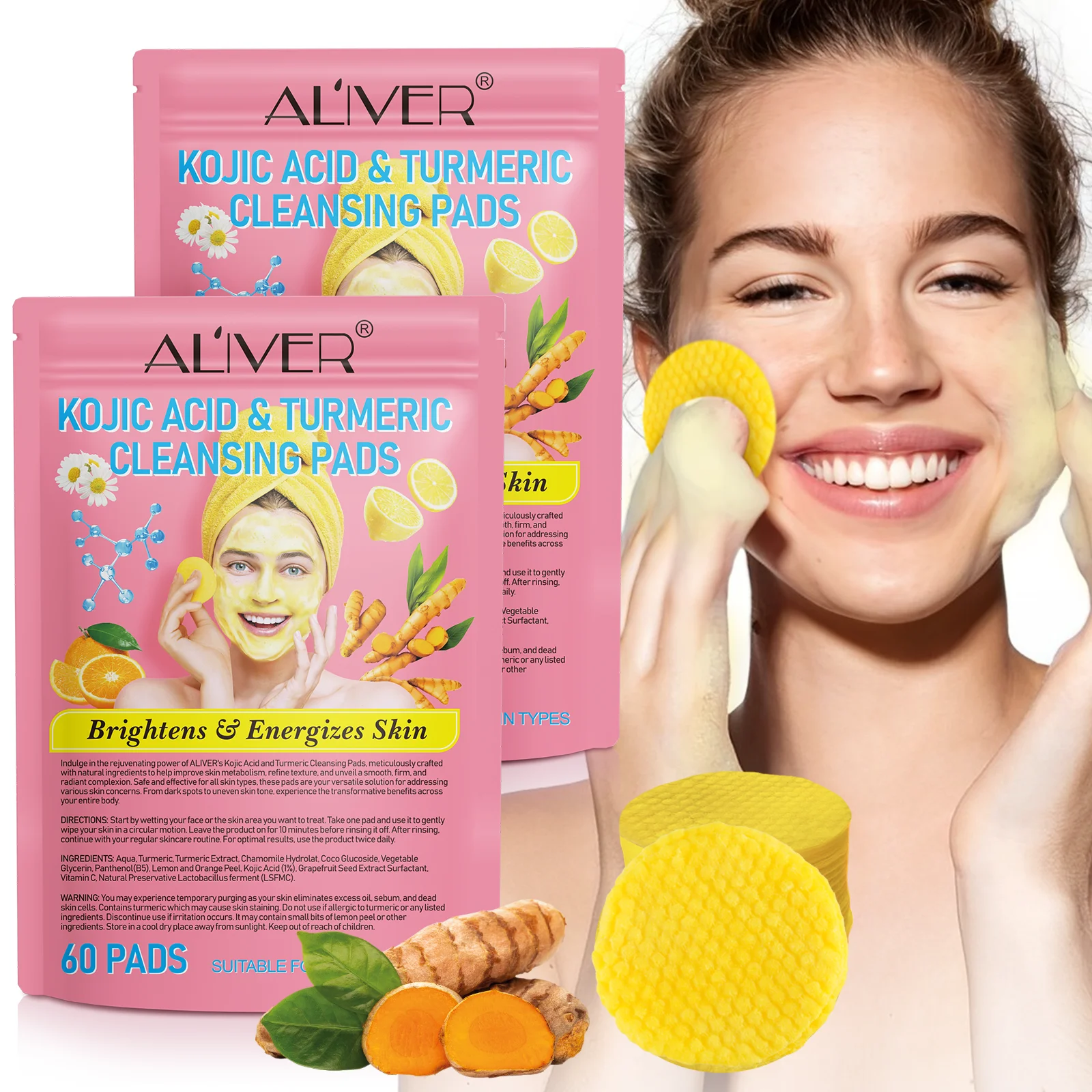 ALIVER firming energizes skin brightening makeup disposable cotton facial face turmeric kojic acid exfoliating cleansing pads