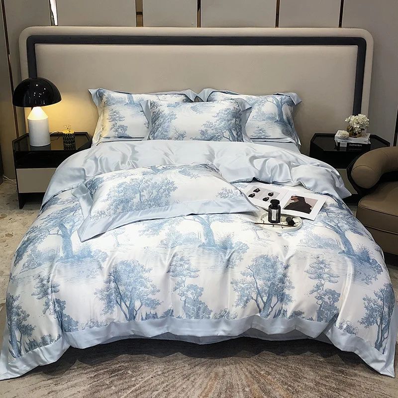 100% Tencel  Satin  60S 300TC Flower printed Queen size bedding sets for home bed linen