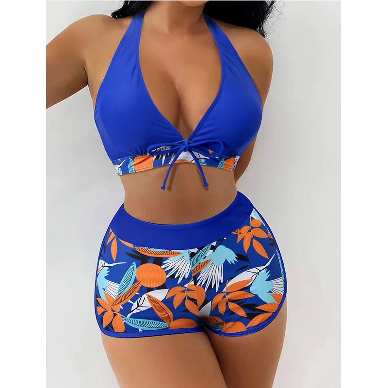 Feimale Fitness Sports Bikini 3 Piece Set Bra Boyleg Shorts Vintage Printed Beachwear Women Sexy Swimsuit Wholesale Swimwear