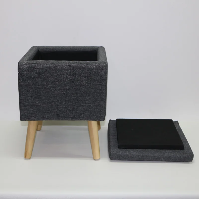 Reatai Modern Hot Sale Dark Grey Wood Sofa Footstool with Wood Legs Gray Fabric Storage Space Table Ottoman Stool