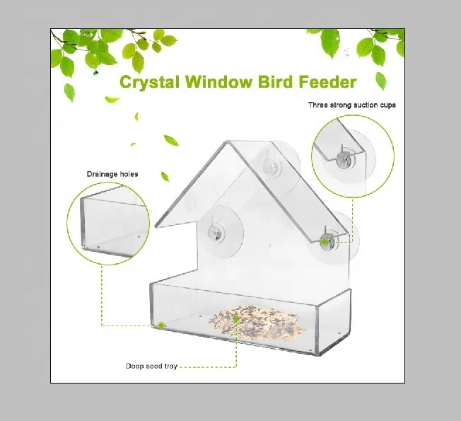Wholesale High Quality Clear Acrylic Window Bird Feeder with Strong Suction Cups Triangle Roof for Wild Birds clear birdhouse