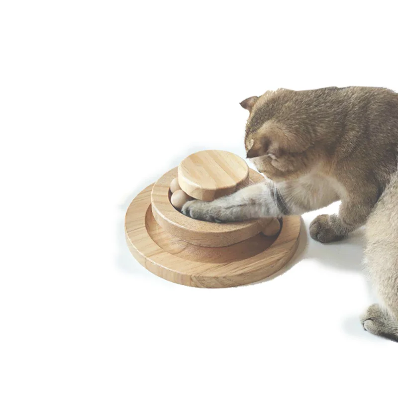 Wooden Double Layer Circular Tower Rolling Interactive Cat Toy Chasing Turntable Ball Track Funny Roller