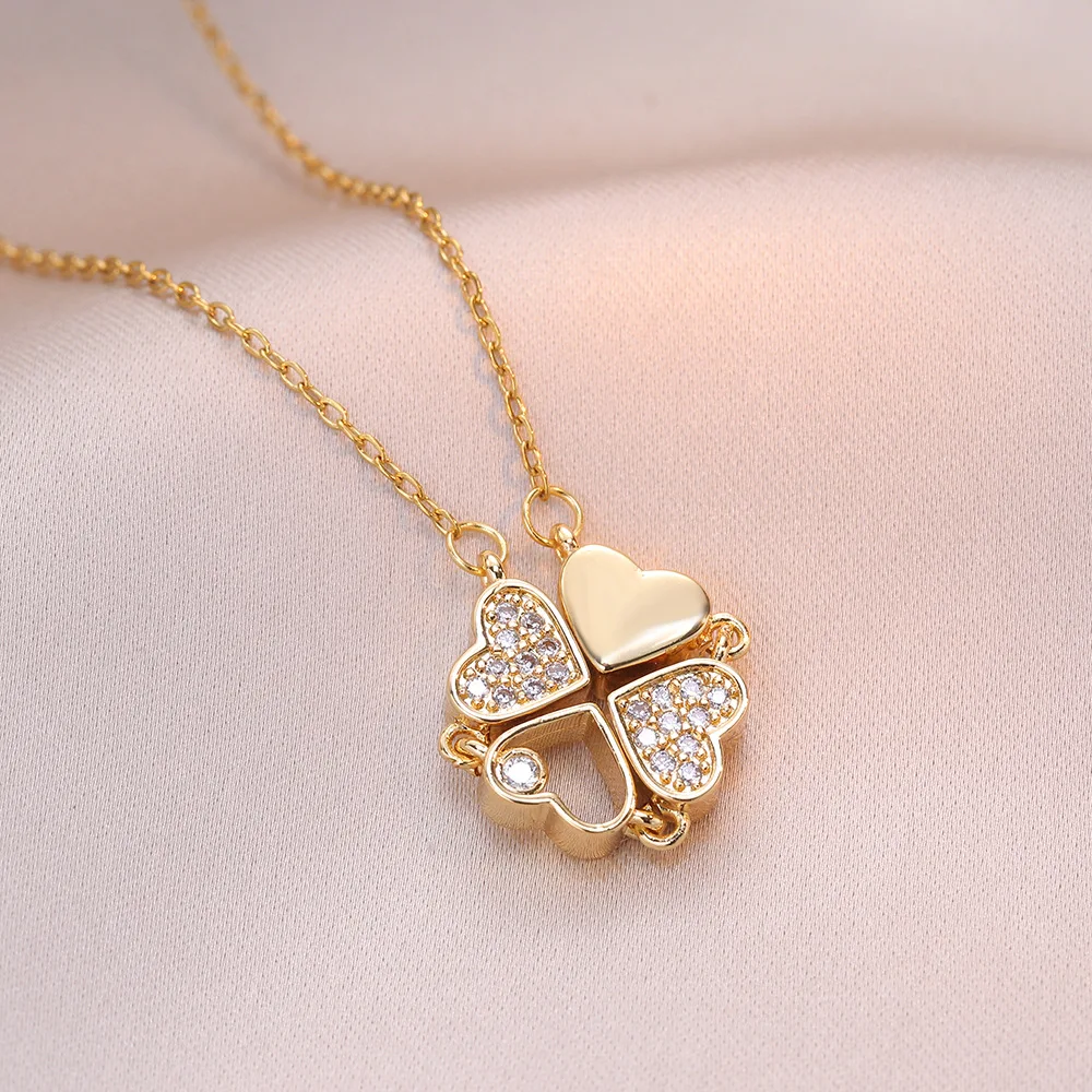 Exquisite Stainless Steel Four Leaf Clover Necklace Women Girl Zircon Gold Chain Magnet Love Heart Pendant Choker Jewelry Gift