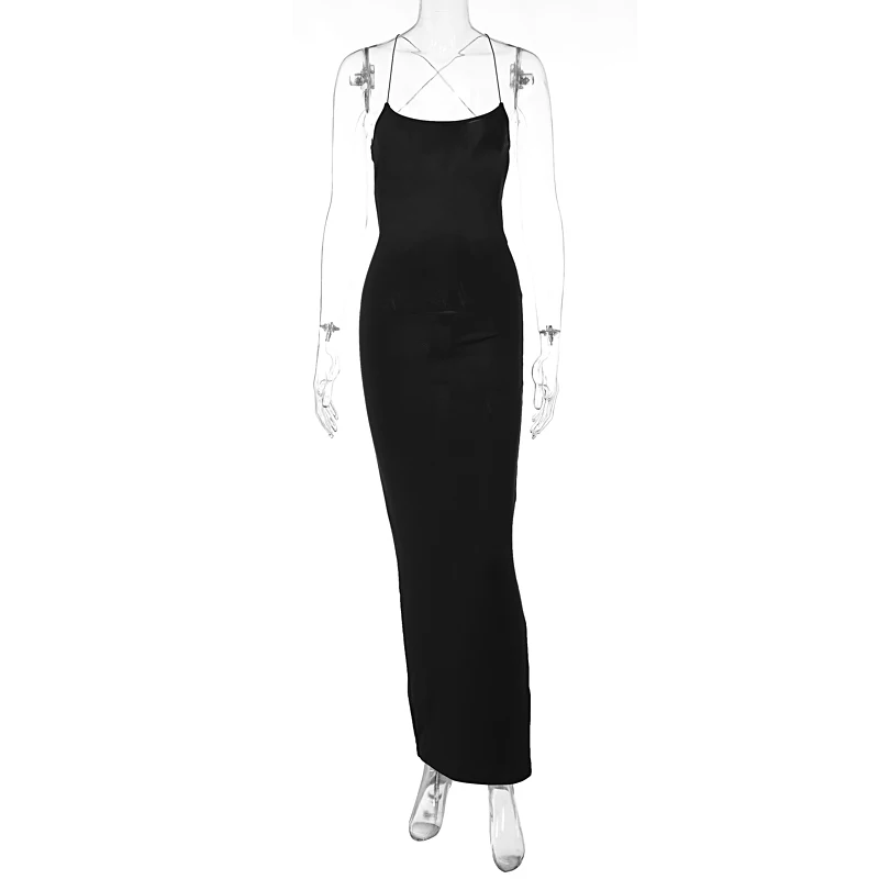 Hot Sleeveless Halter Ruched Slit Black Long Slip Dresses Summer Sun Beach Spaghetti Strap Bandage Sexy Backless Dress For Women