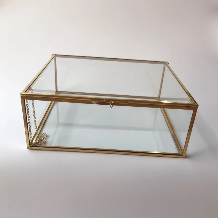 Геометрическая стеклянная коробка для свадебных карт большая ювелирных украшений из розового золота с крышкой и металлической рамкой