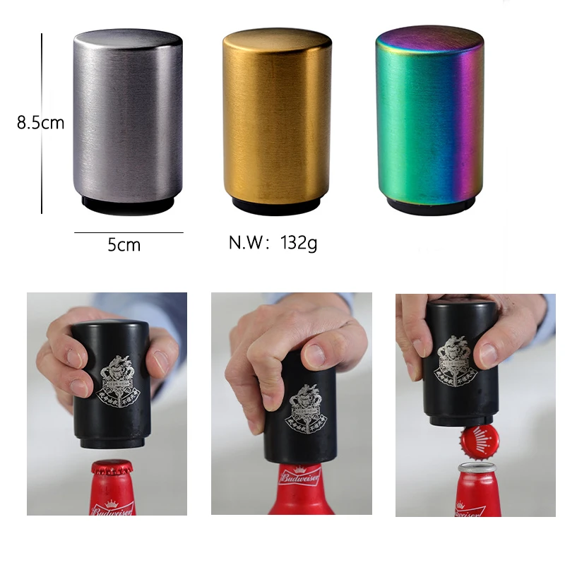 Custom Laser Logo Bar Tool Stainless Steel Automatic Push Down Pop Top Off Beer Bottle Opener