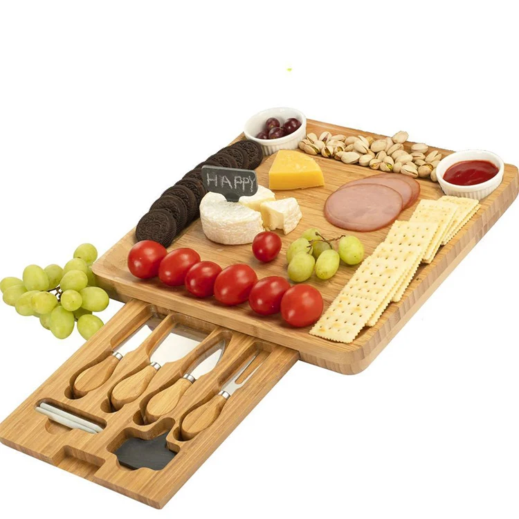 Durable Fruit Cheese Cookie Serving Tray Wooden Charcuterie Board Set Premium Bambo Cheese Cutting Board Knife Set Cheese Board