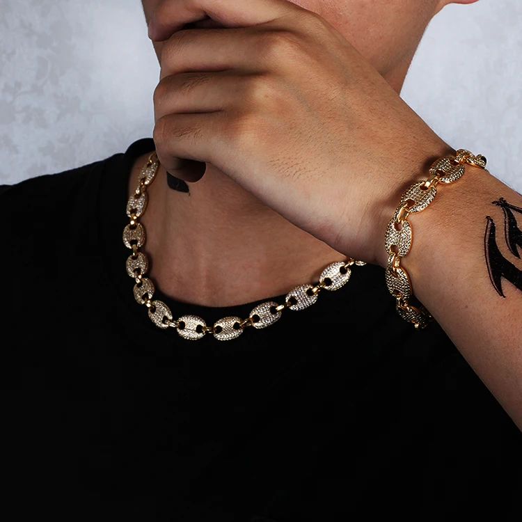 
18inch Men Copper Alloy Jewelry Sets Charm Necklace And Bracelet Set Iced Out Cz Stone mens jewelry hip hop 