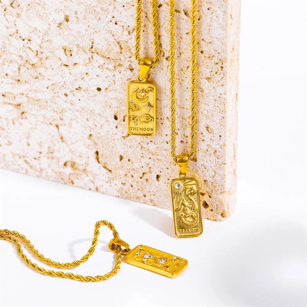 N2056 Waterproof Square Plate Necklaces 18K Gold Plated Stainless Steel Zircon Inlay Star Moon Leopard Relief Tarot Necklaces