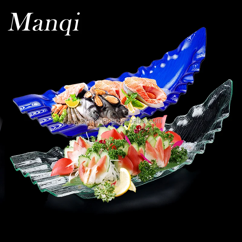 Acrylic Sushi Boat Shape Plate Sashimi Platter Iced Seafood Tray with Water-stop Sheet for Restaurant Plate Dish Sashimi Serving