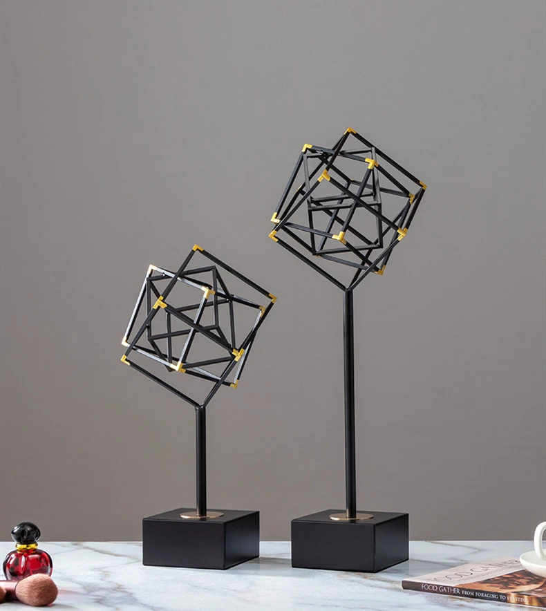 House interior accessories pieces luxury creative golden metal geometric square statue home decor for living room