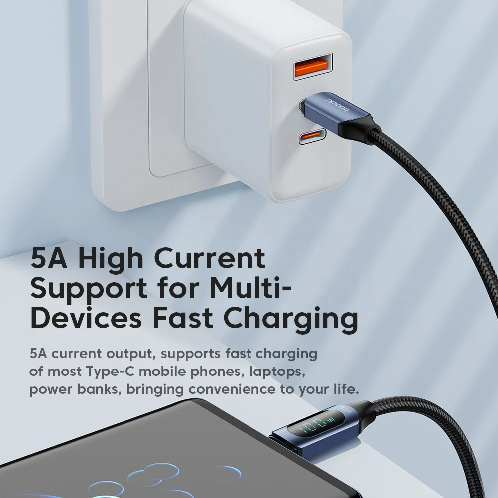 PD 100w 5A type c to type c usb c fast charging mobile phone flex charger cables power real-time display visible charging cable
