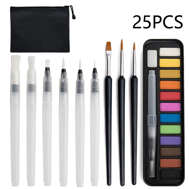 Solid Watercolor Paint 25-Piece Set Absorbent Pen Painting Brush Watercolor Pastel Beginner Art Tools Science Waterpen