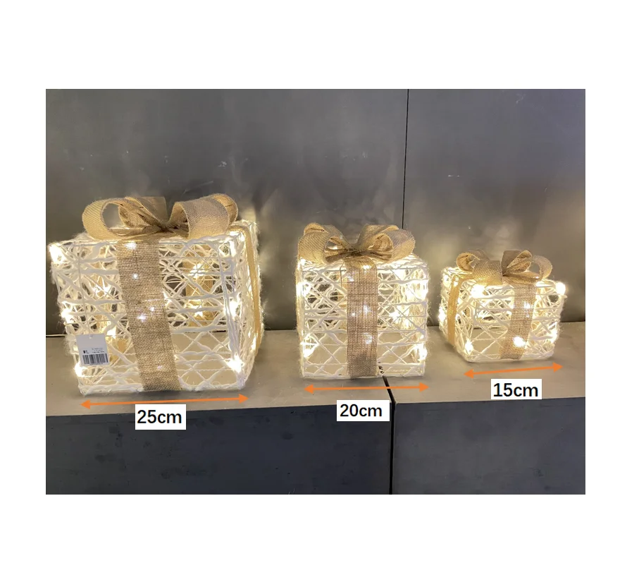 3pcs/set Square gift box wool material with brown linen burlap rope decoration bow hollow iron frame led Christmas lights