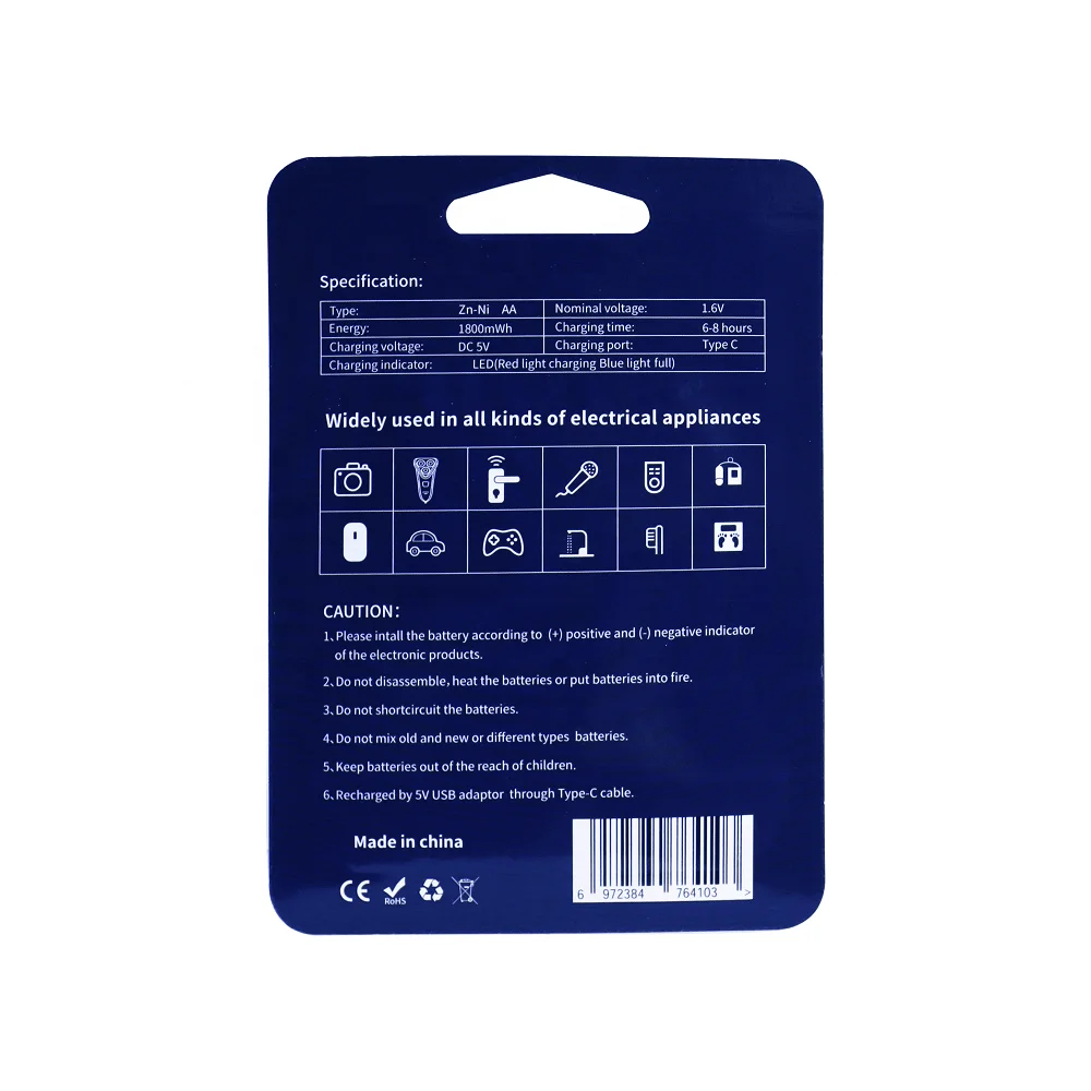 High capacity usb aa rechargeable batteries rechargeable built in usb 1.5v aa NiZn battery