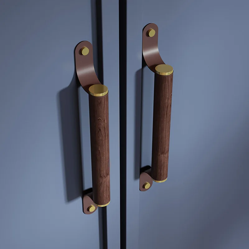 Original design walnut brass small pull hand Nordic light luxury high-end clothes cabinet door drawer furniture cowhide handle