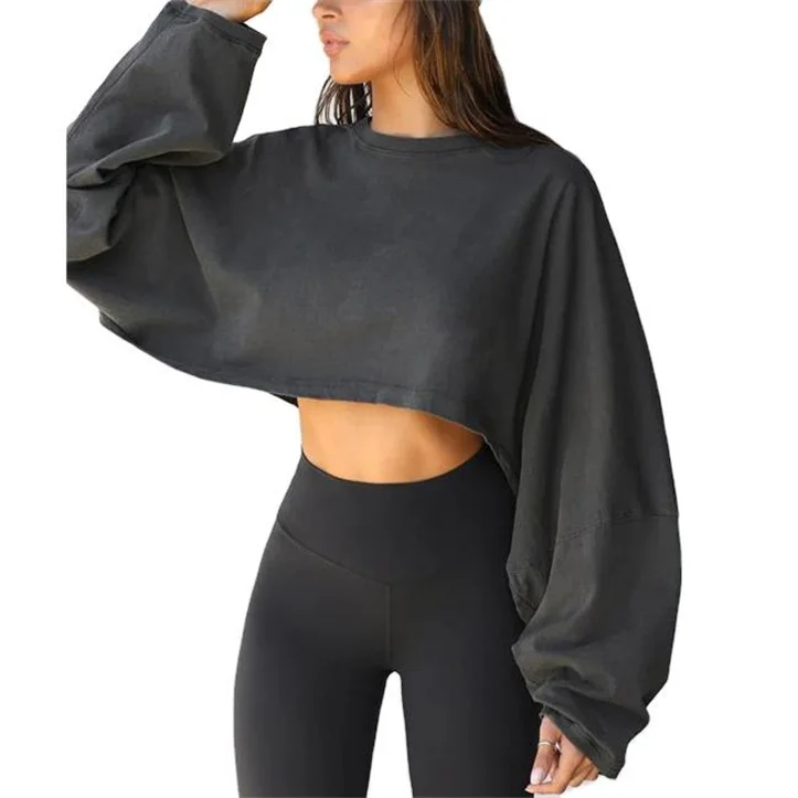 Custom Vintage Long Sleeve Top Blank French Terry Crew Neck Drop Shoulder Pullover Crop Cropped Crewneck Sweatshirts