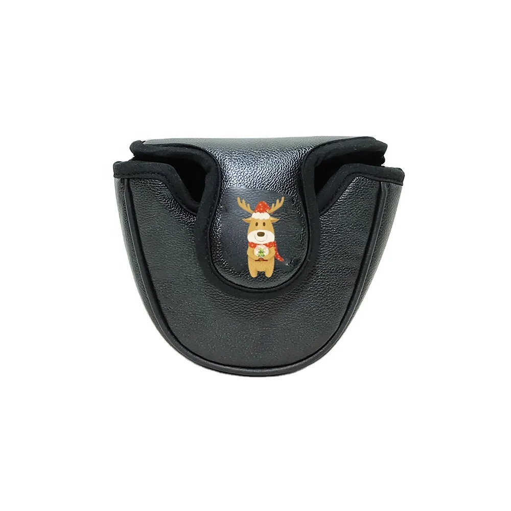 2022 Fine Quality Black Pu Leather With Print Cute Logo Customized Golf Club Headcover Putter Mallet Head Cover