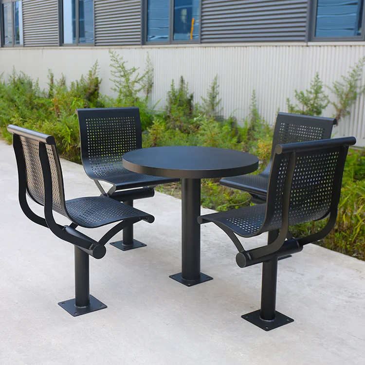 Outdoor commercial perforated metal picnic table with chair set garden furniture steel beer table outside patio coffee table