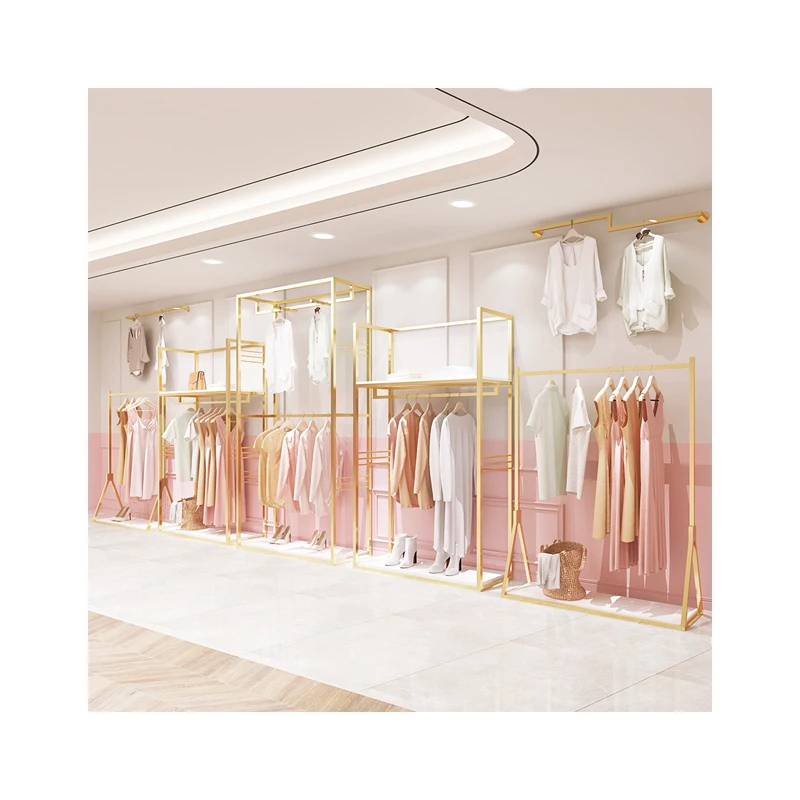 
Custom Clothing Store Wall Mount Garment Clothes Stand Metal Cloth Display Stainless Steel Shiny Gold Clothing Rack for Shop 