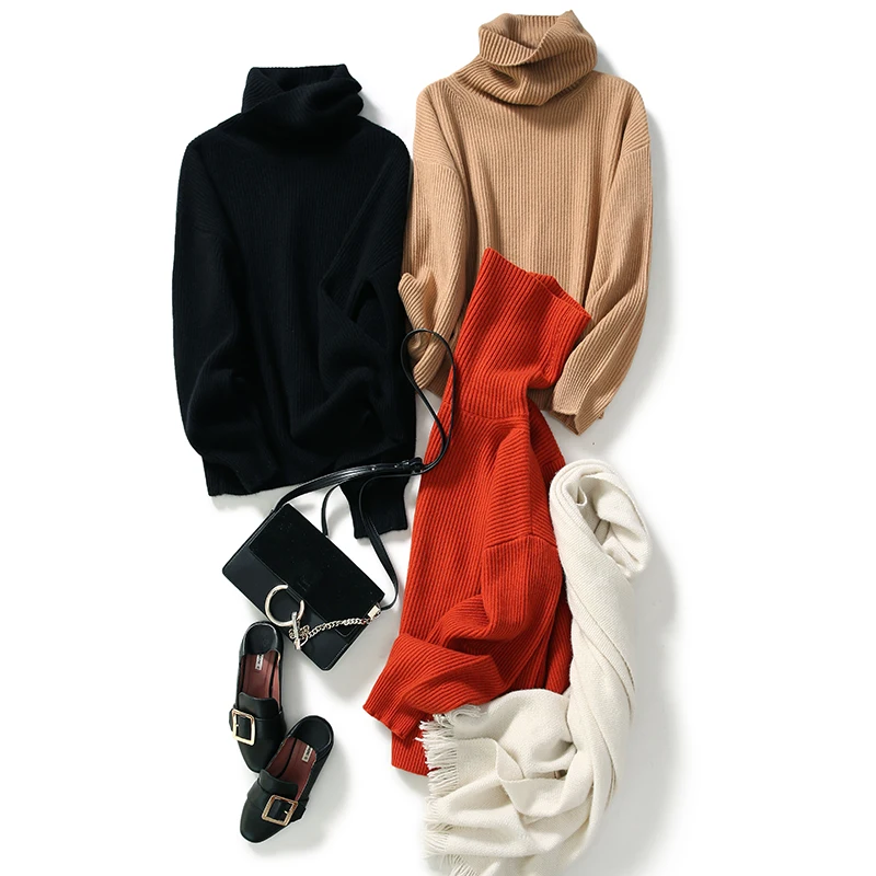 SQUARE FONDA Mongolian Cashmere Rib Knitting High Neck  Plus Size Jumper Sweaters For Women