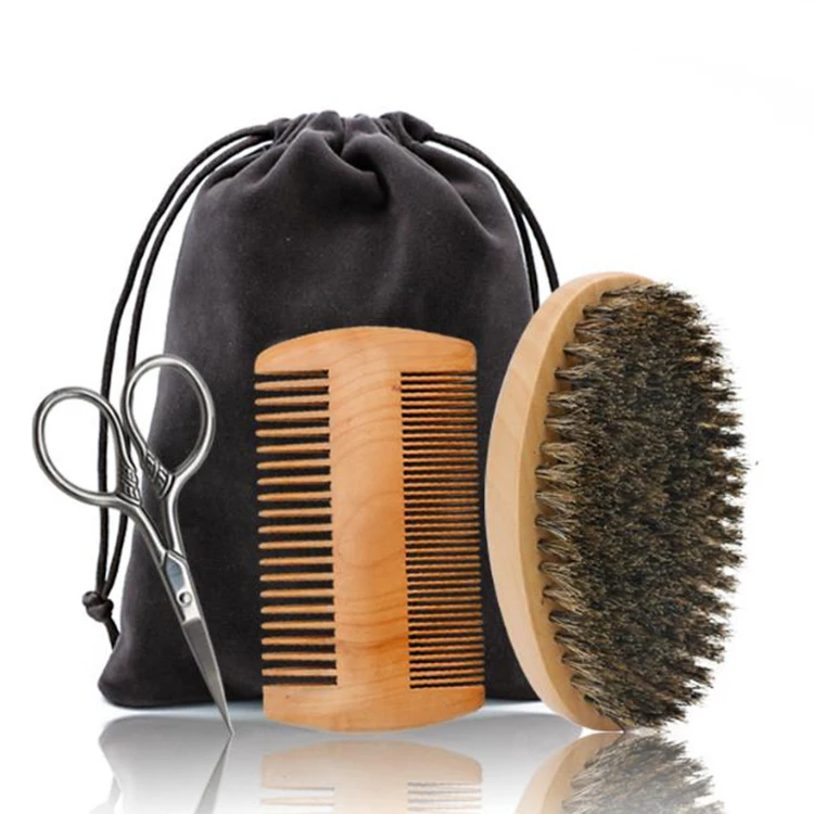 3 шт./компл. щетка для бороды с щетиной кабана, деревянная расческа для бороды, ножницы для усов, набор кистей для бритья бороды, подарок для мужчин