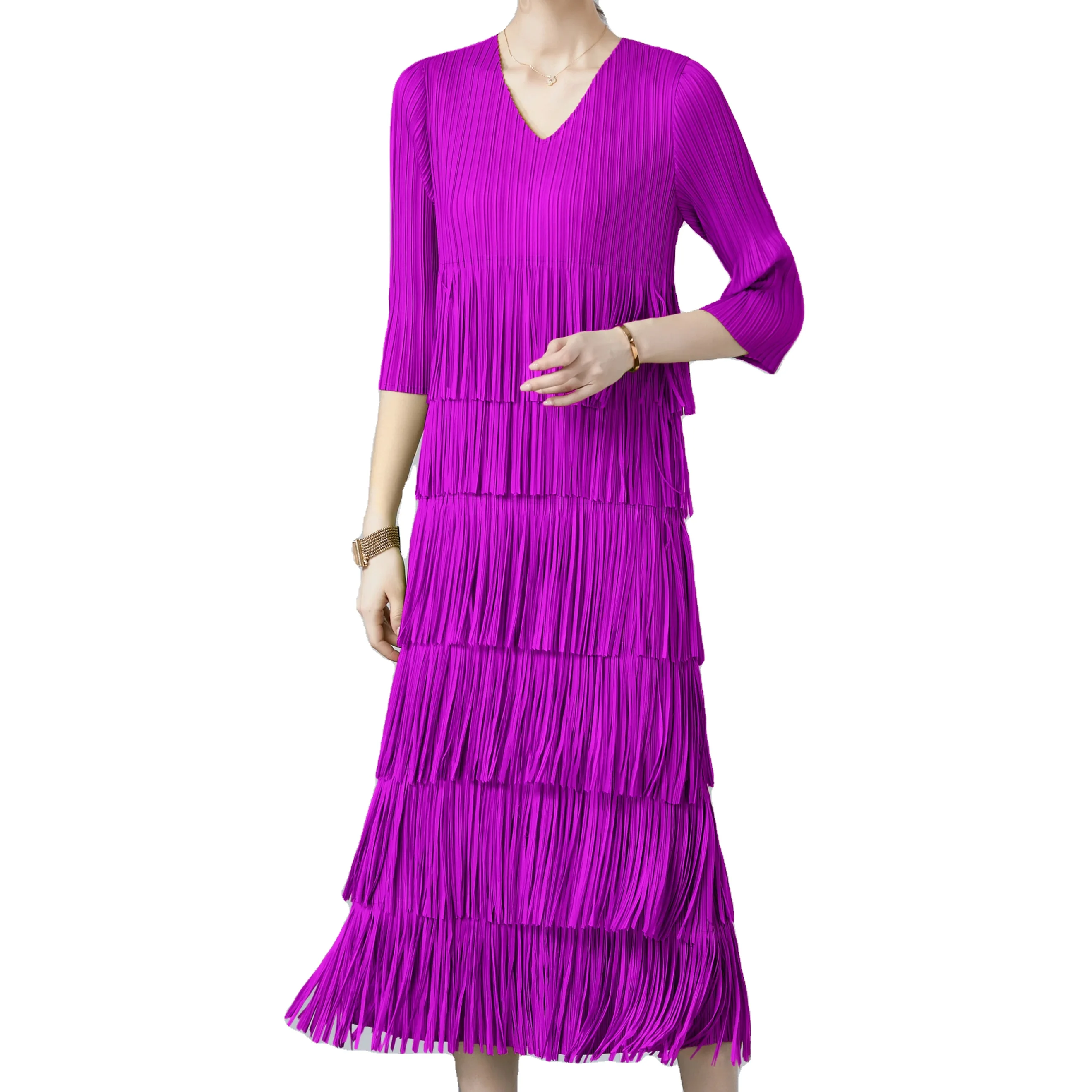 2024 New V-neck fringe long sleeved pullover fringe solid color dress with simple temperament and free lace up JHW16002091