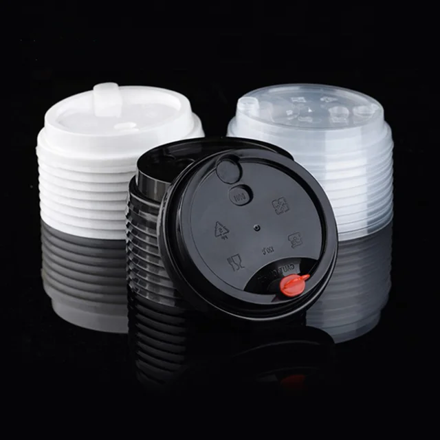 90mm Diameter Black Plastic PP Injection Cup Lid With Stopper Plug For Bubble Tea