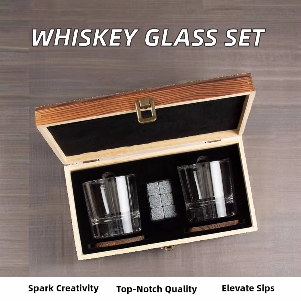 Iwin Wholesale Crystal Whiskey Glass Gift Set With Whiskey Stones Wooden Gift Box And Stones Coaster For Party Hotels